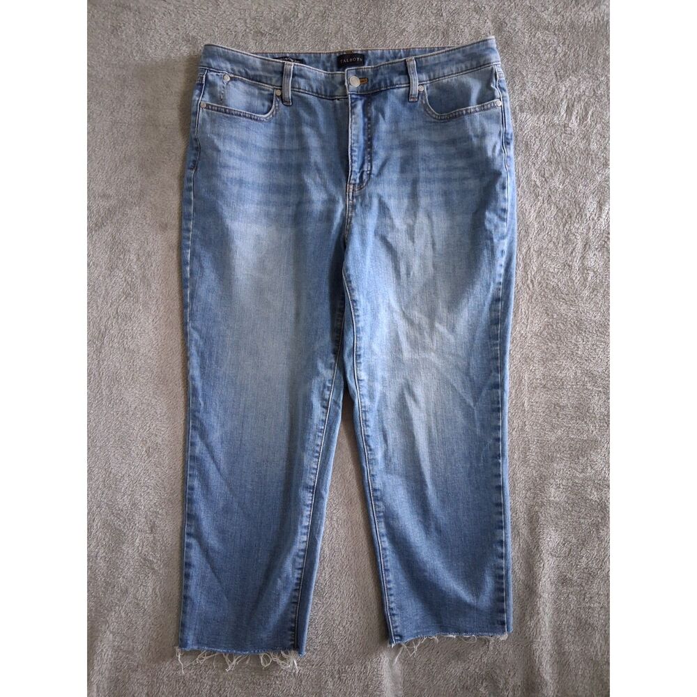 Talbots Sz 14 Jeans Straight Leg Crop High Rise‎ Raw Hem Stretch Blue Classic